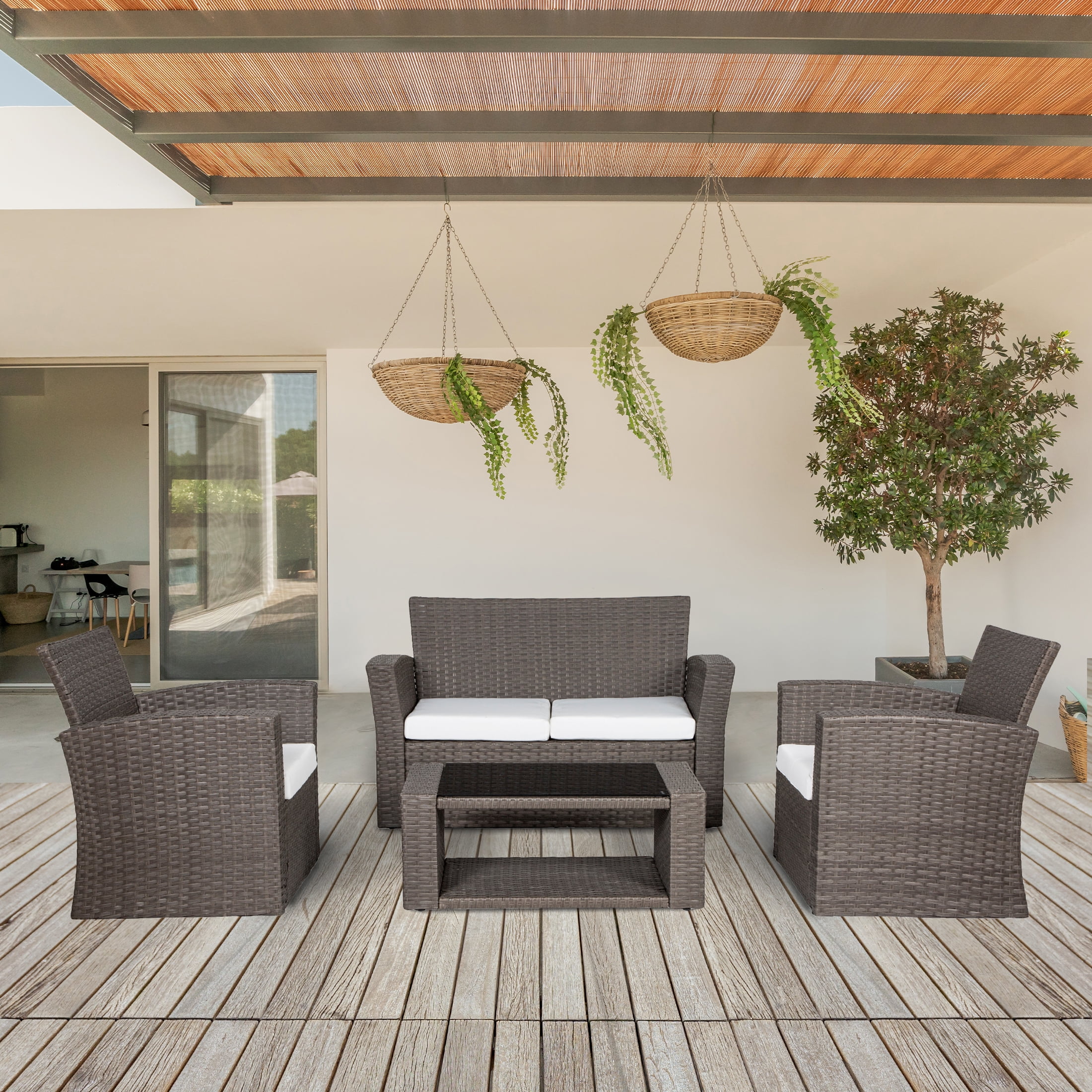 GARDEN 4-Piece Outdoor Rattan Wicker Patio Conversation Sets with Coffee Table & Cushion, Gray and White