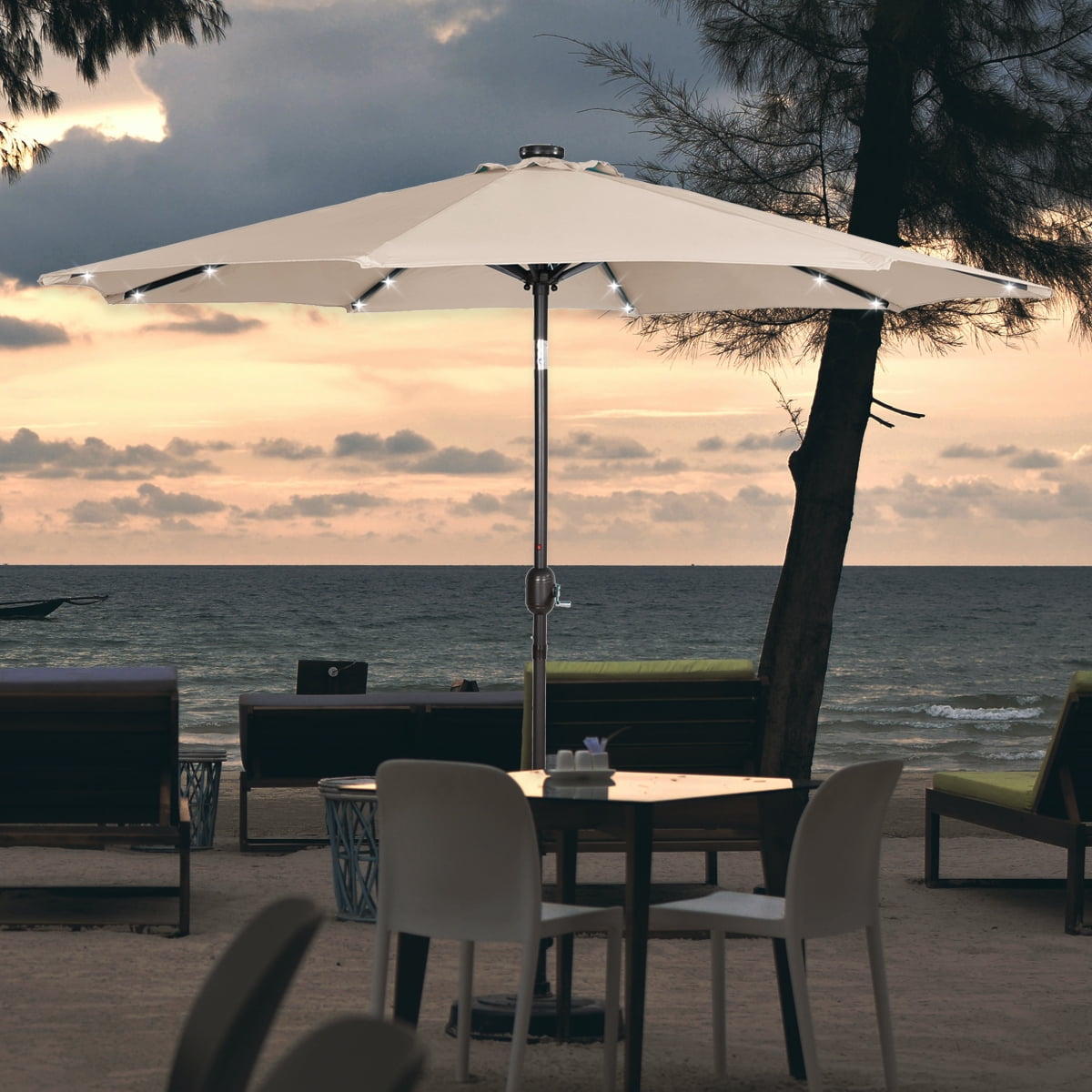 GARDEN 9 Ft Patio Solar Umbrella LED with Bronze Base Weight INCLUDED, Beige