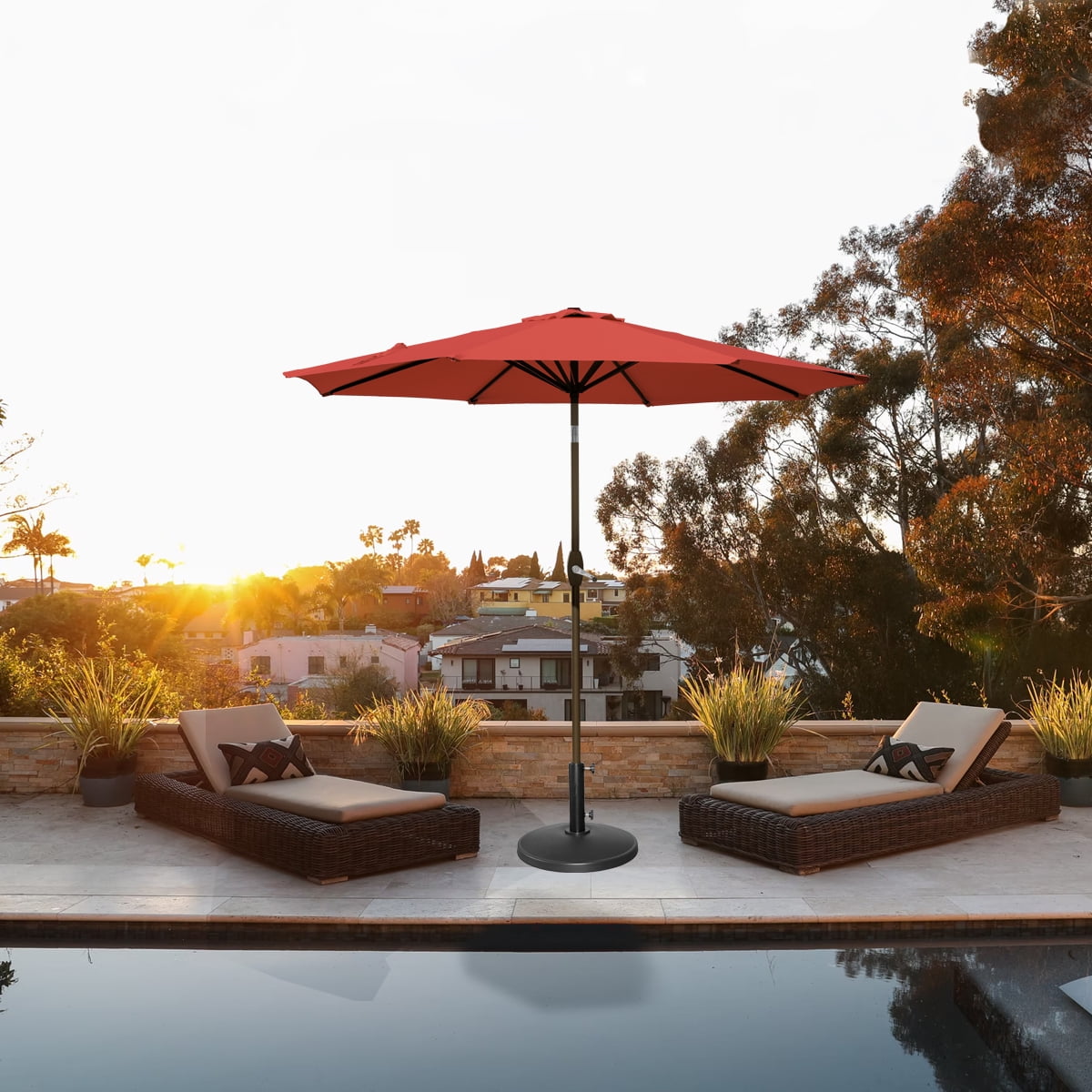 GARDEN 9 Ft Patio Umbrella w/ Round Resin Base Stand Included for Outdoor Shade, Red