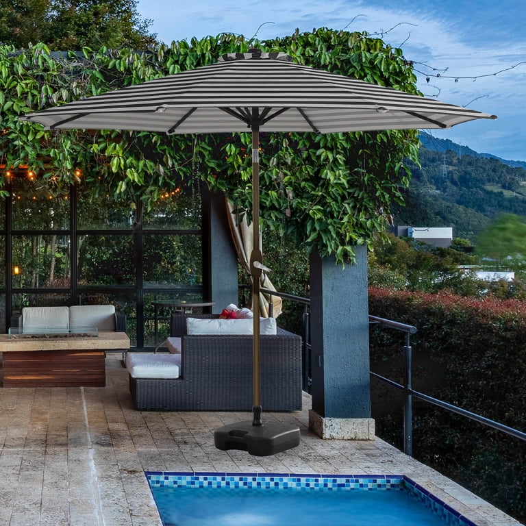 9 ft black patio umbrella CABANA with Round Base Weight Included, Black/White Stripe dyed polyester 9 X 11 FT Outdoor