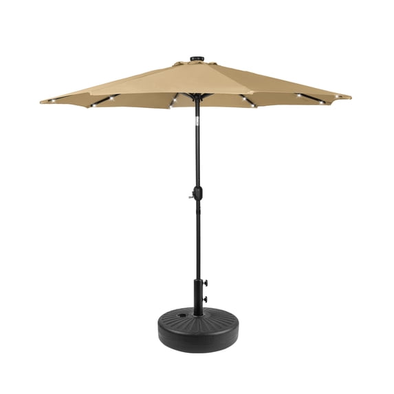 GARDEN 9 Ft Solar LED Patio Umbrella with Black Round Base Weight Included, Beige