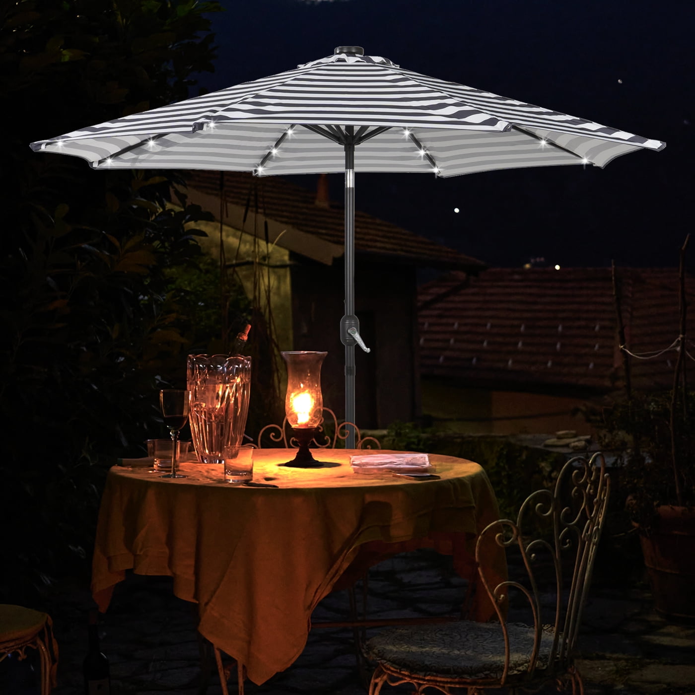 GARDEN 9 Ft Solar LED Patio Umbrella with Black Round Base Weight Included, Black/White Stripe