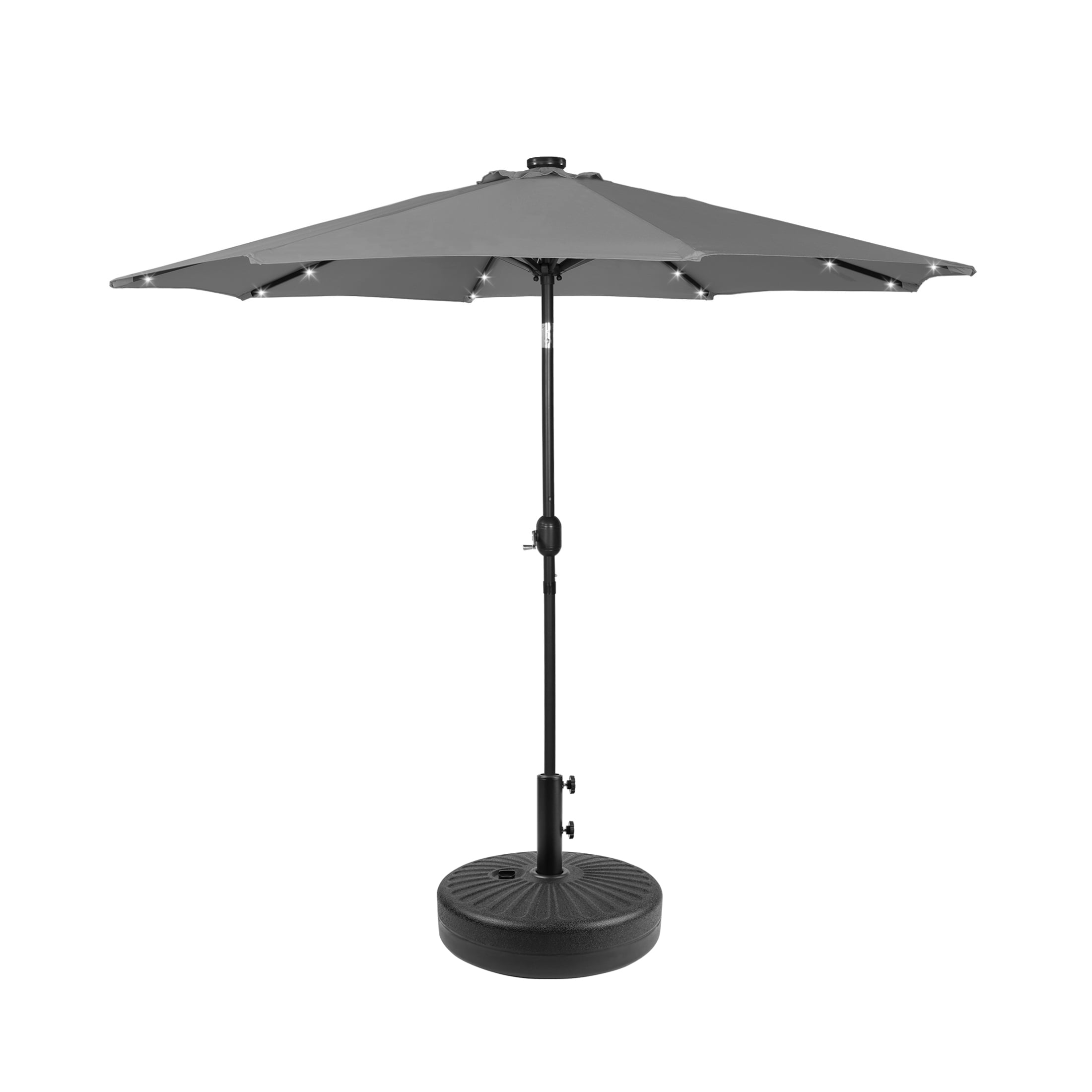 GARDEN 9 Ft Solar LED Patio Umbrella with Black Round Base Weight Included, Gray