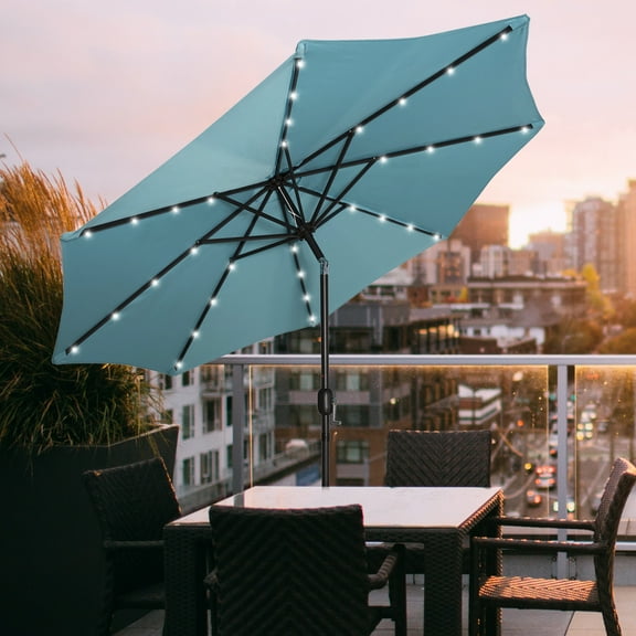 GARDEN 9 Ft Solar LED Patio Umbrella with Black Round Base Weight Included, Turquoise