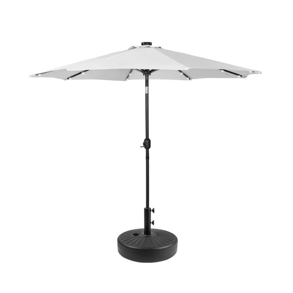 GARDEN 9 Ft Solar LED Patio Umbrella with Black Round Base Weight Included, White