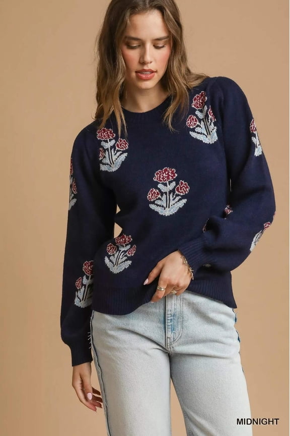GARDEN NAKED Floral Knit Sweater with Puff Sleeves