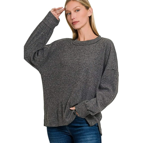 Full Size Brushed Ribbed Hacci Drop Shoulder Sweater Plus Size