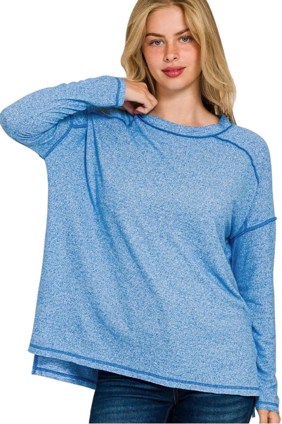 GARDEN NAKED Full Size Melange Hacci Exposed Seam Hi-low Tee Plus Size