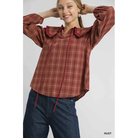 Full Size Plaid Ruffle Collar Blouse Plus Size