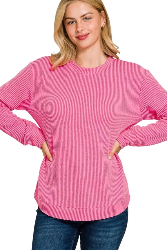 Full Size Raised Rib Round Neck Long Sleeve Top Plus Size
