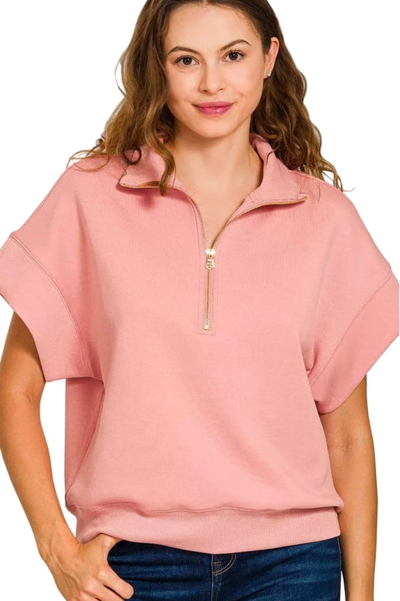 GARDEN NAKED Full Size Scuba High Neck Half Zip Short Sleeve Top Plus Size