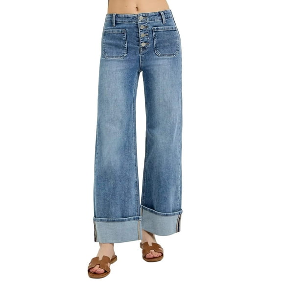 High Rise Ankle Wide Button Patch Pocket Cuffed Jeans