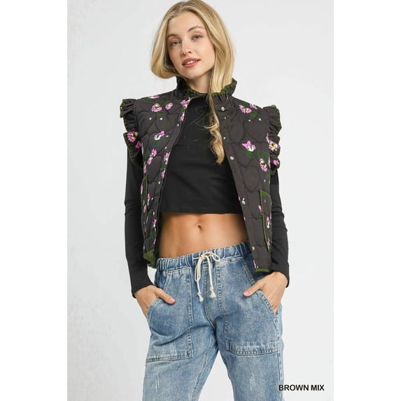 GARDEN NAKED Ruffled Quilted Floral Snap Down Vest