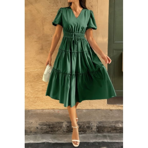 Solid Color Block Puff Sleeve Elastic Waist Dress