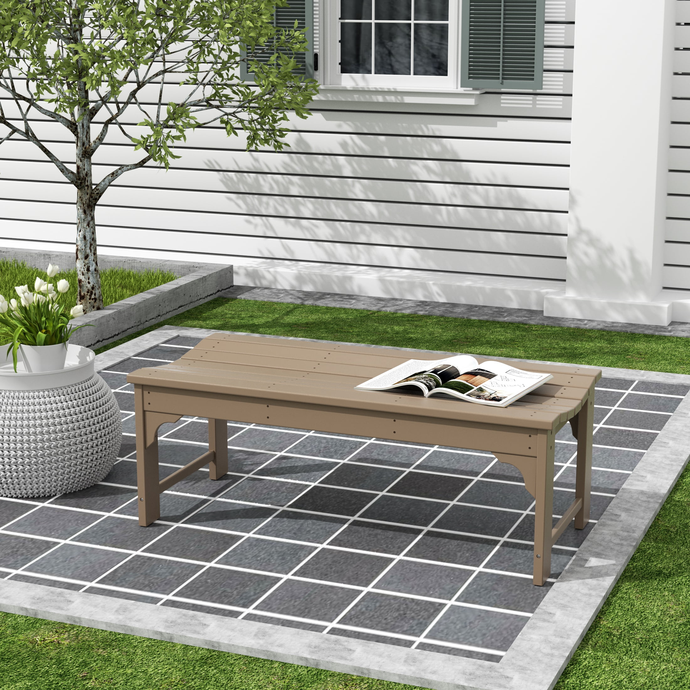 GARDEN Plastic Adirondack Backless Outdoor Bench for Patio Entryway, Weathered Wood