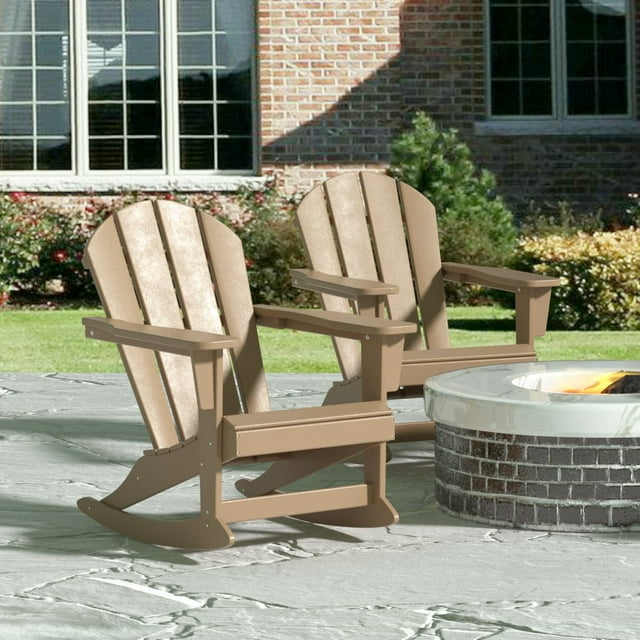 GARDEN Plastic Adirondack Rocking Chair for Outdoor Patio Porch Seating, Weathered Wood