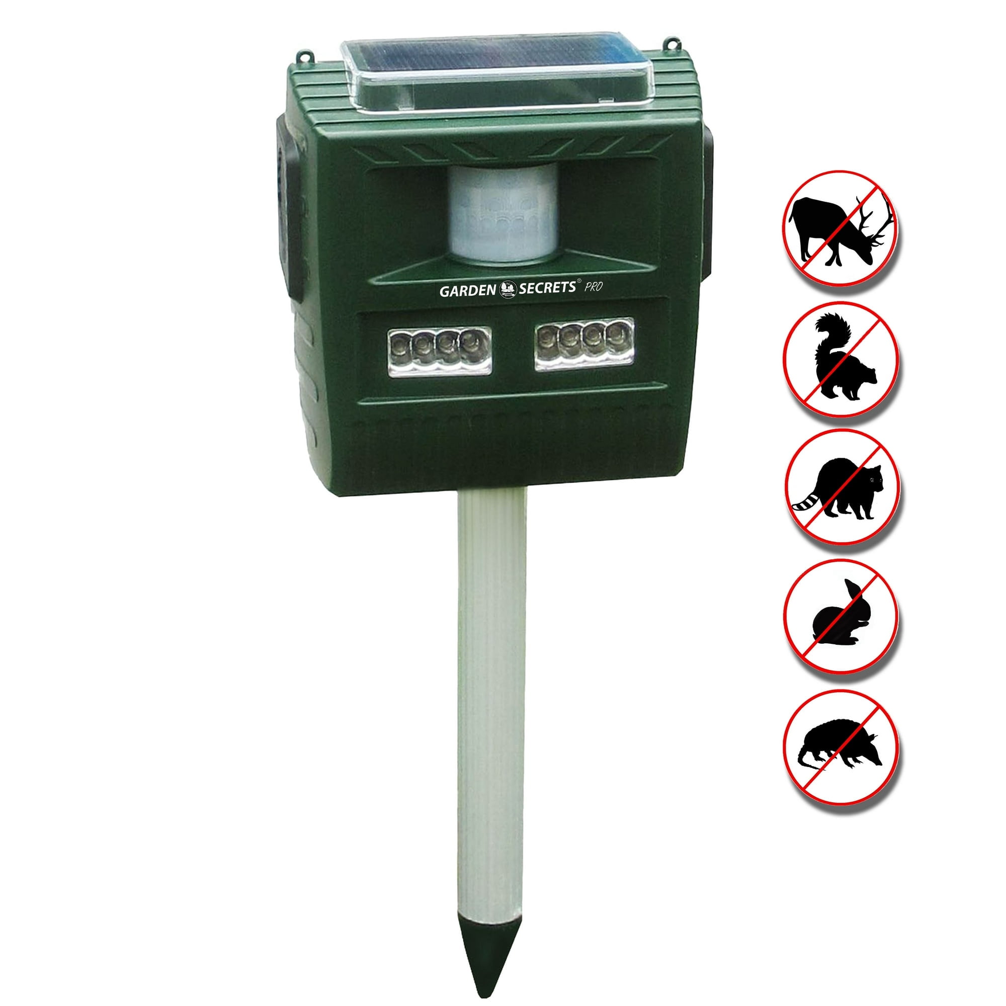 GARDEN SECRETS® 3-in-1 Professional ULTRASONIC ANIMAL REPELLENT. Skunk Raccoon Deer Coyote Cat Rat Mice etc Deterrent. Keep Pests Away from Your Property within 2-4 Weeks. Whole Year Full Warranty!
