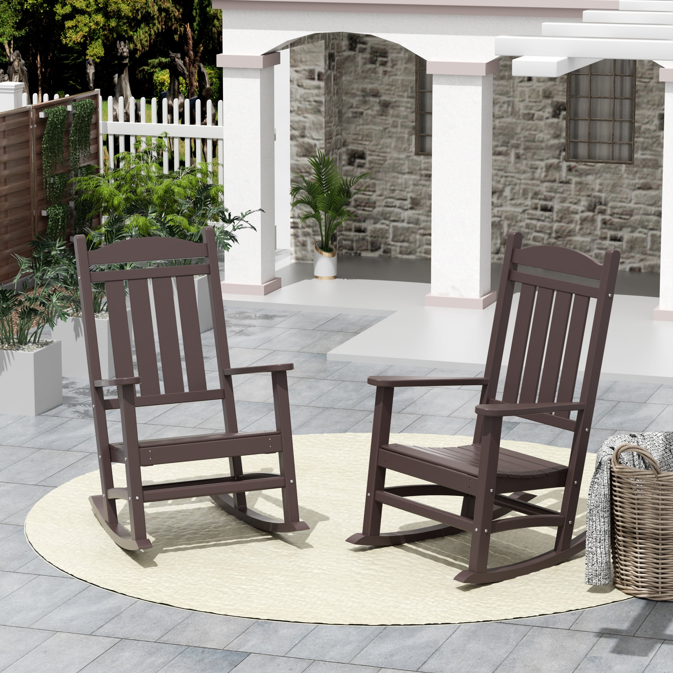 GARDEN Set of 2 Classic Plastic Adirondack Porch Rocking Chairs, Dark Brown