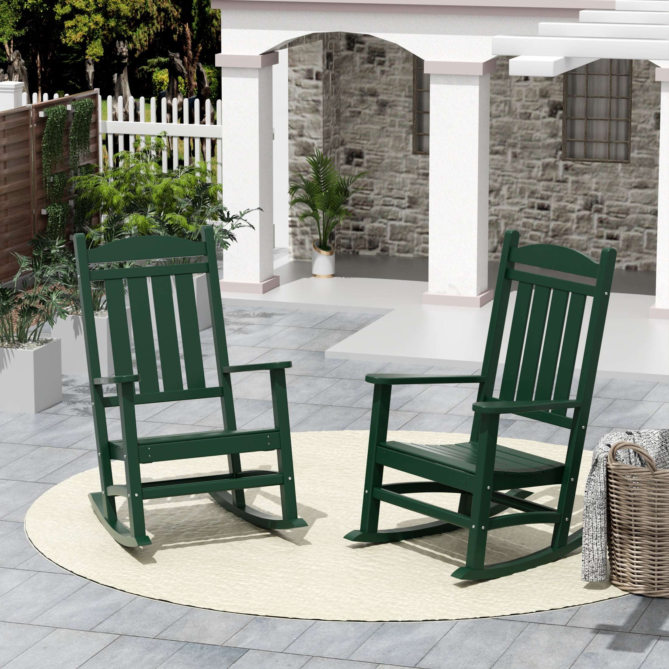 GARDEN Set of 2 Classic Plastic Adirondack Porch Rocking Chairs, Dark Green