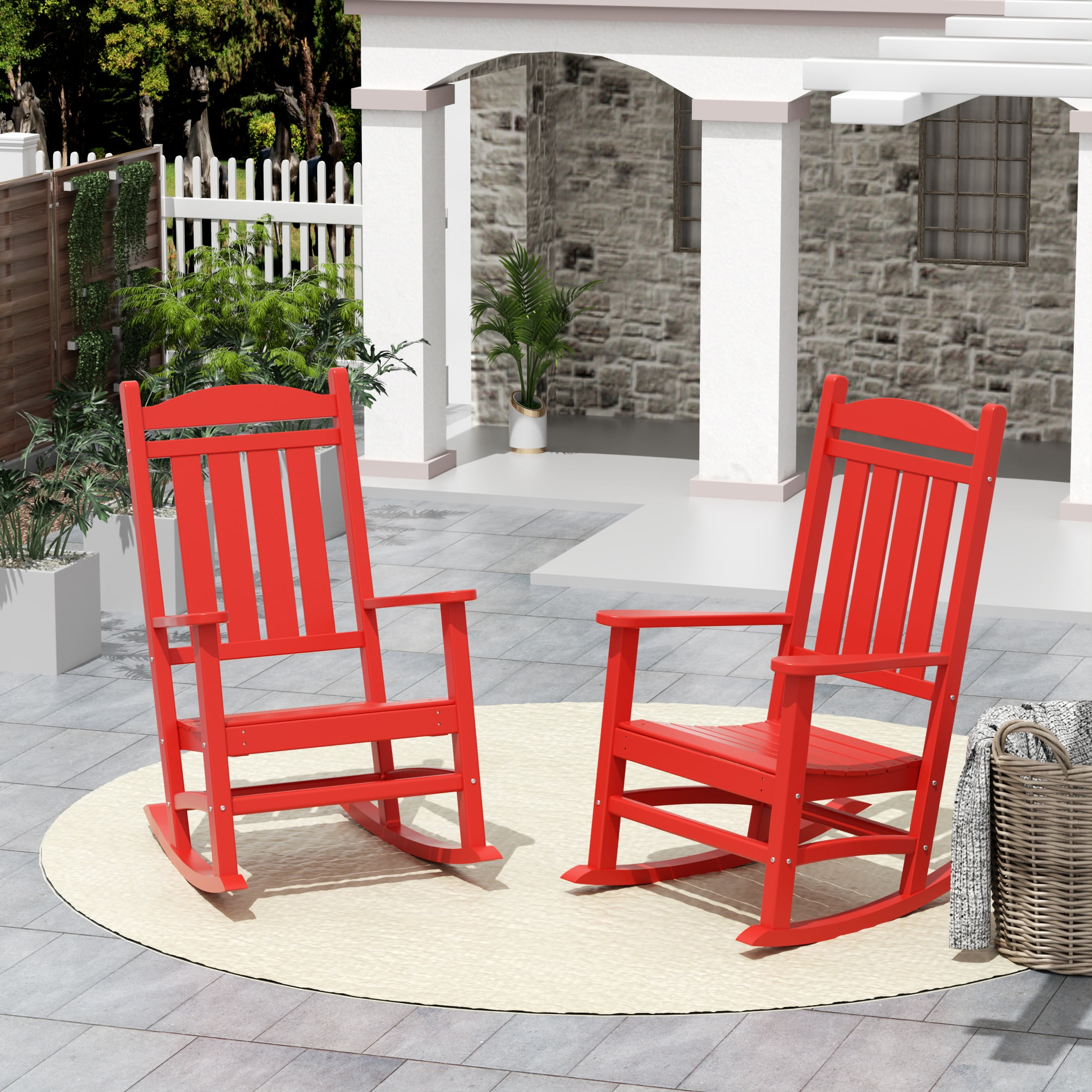 Bright Red HDPE Plastic Adirondack Outdoor Rocking Chairs, Set of 2