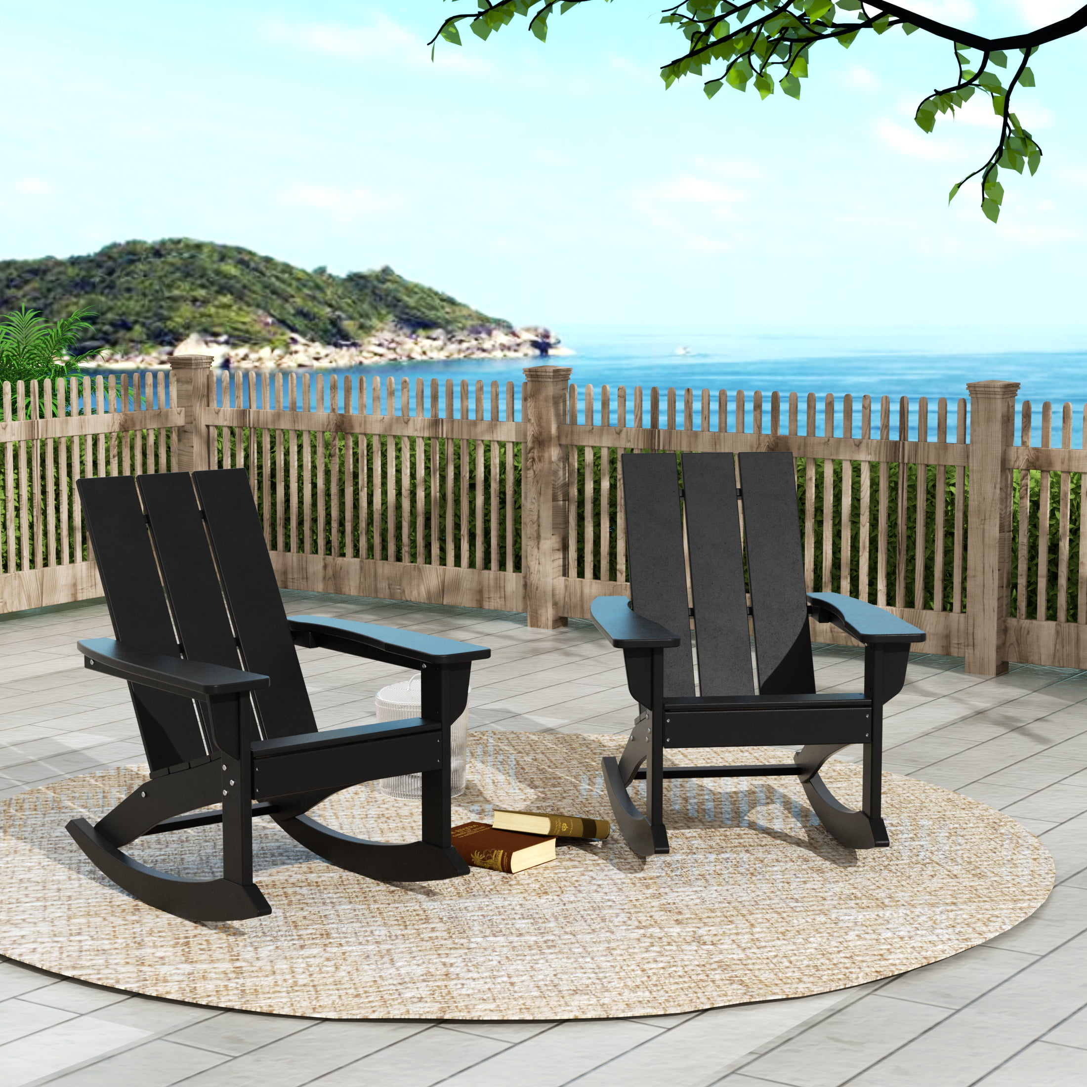 GARDEN Set of 2 Modern Plastic Outdoor Rocking Chairs for Patio Porch, Black