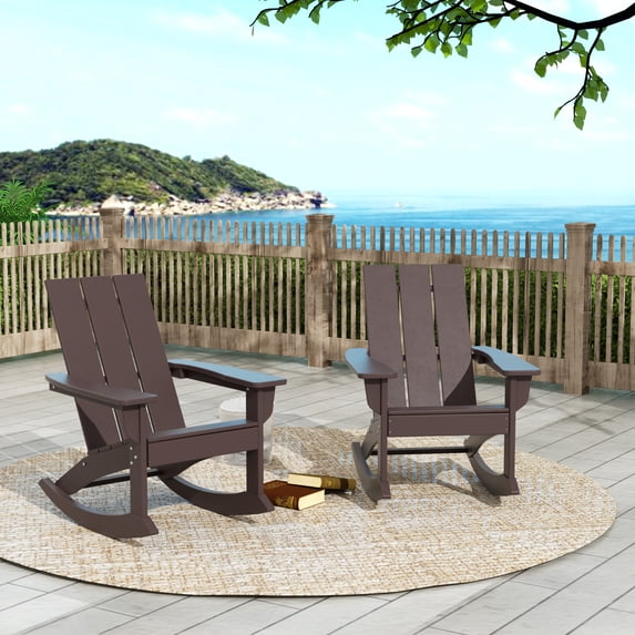 GARDEN Set of 2 Modern Plastic Outdoor Rocking Chairs for Patio Porch, Dark Brown
