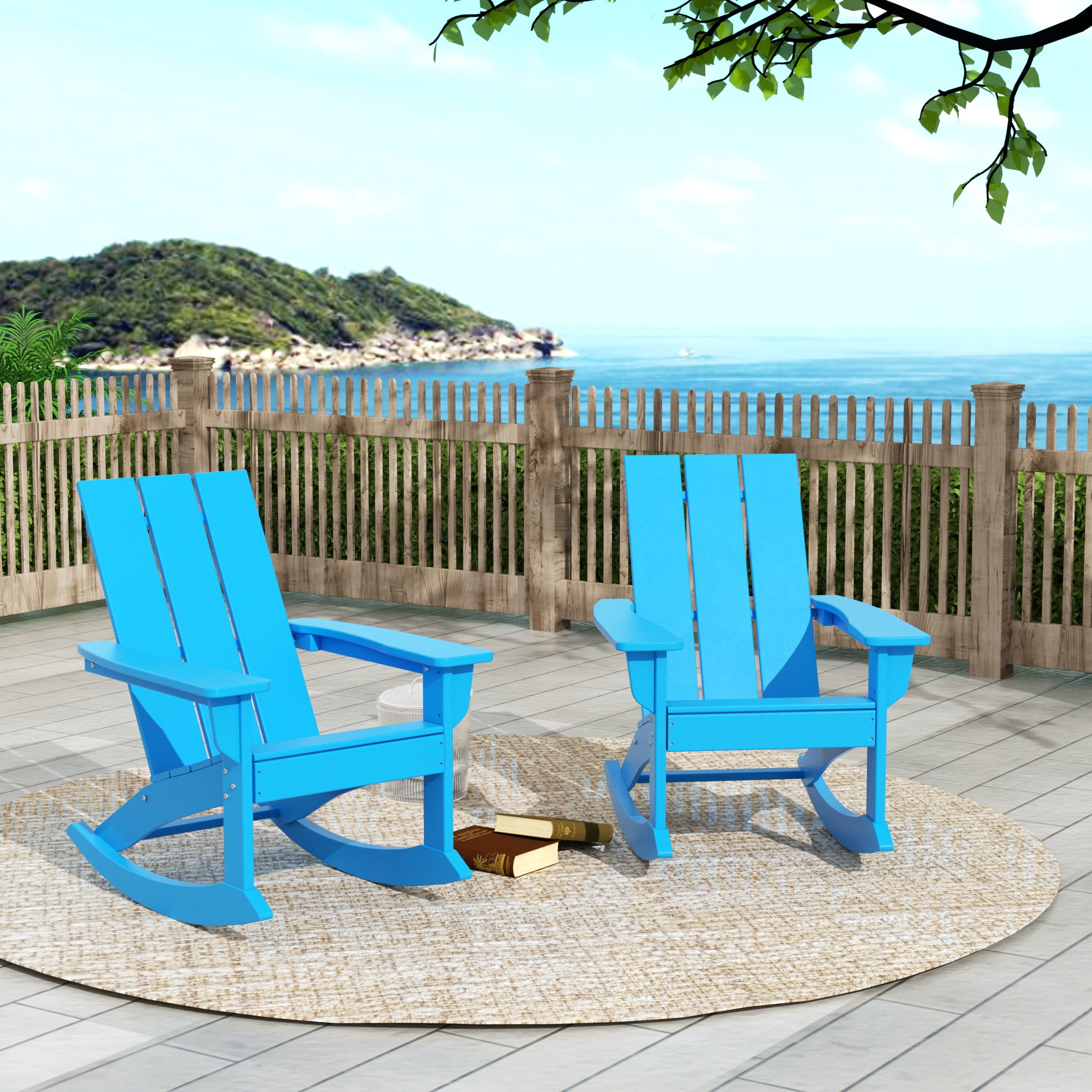 GARDEN Set of 2 Modern Plastic Outdoor Rocking Chairs for Patio Porch, Pacific Blue