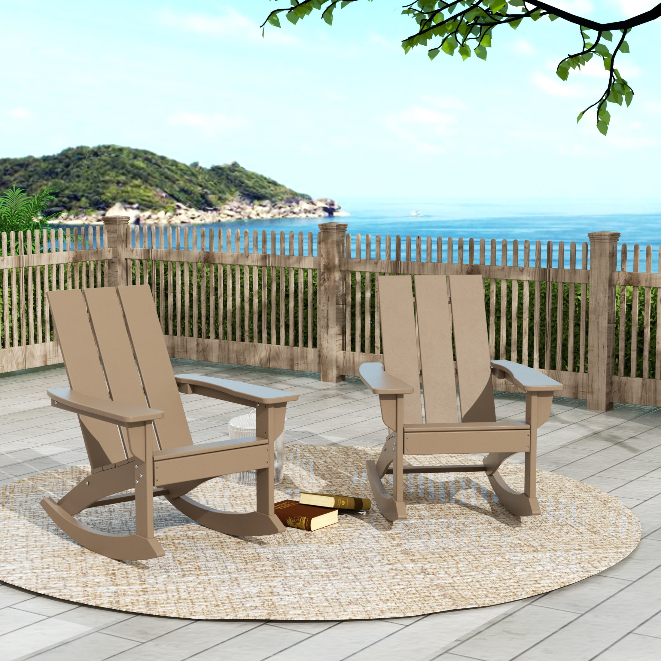 GARDEN Set of 2 Modern Plastic Outdoor Rocking Chairs for Patio Porch, Weathered Wood