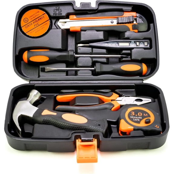 GARDENERA Essential Small Homeowner 9-Piece Tool Set General Household Basic Hand Tool Kit with Handy Toolbox Storage Case Ideal for Students & Home Repairs