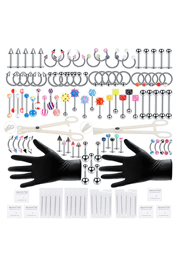 120Pcs Piercing Kit with Stainless Steel Piercing Needles,Includes Nose Rings,Lip Studs,Eyebrow and Belly Button Piercings