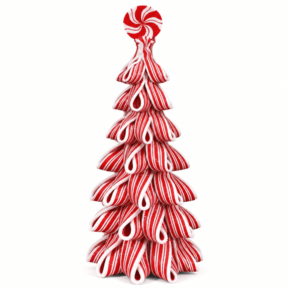 GARDVORA Christmas Ribbon Candy Tree Tabletop Decor 12.2 Inches Mini Light Up Resin Clay Peppermint Tree for Xmas Home Table Mantle Centerpieces Decorations