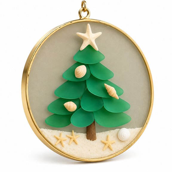 GARDVORA Coastal Christmas Tree Sea Glass Ornament,Beach Style Mirror Decor,Sea Glass Shell Tree with Starfish Topper,Beach Hanging Handmade Decor for Xmas Family Gatherings Green