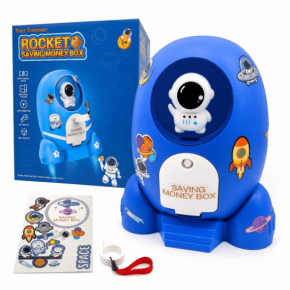 GARDVORA Rocket Ship Piggy Bank for Boys Money Safe Astronaut Piggy Banks for Kids Cash Coin Can ATM Bank Coin Money Bank for Kids with Key Astronaut Sticker Practical Gifts for Children Boys