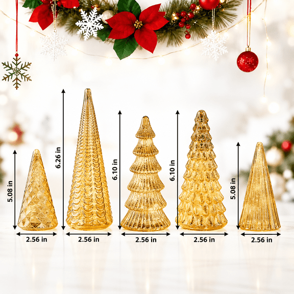 GARDVORA Set of 5 Illuminated Mercury Glass Christmas Trees with Led Lights,Gold Christmas Tree Figurines for Tabletop & Mantel Display,Holiday Home & Party Centerpiece Decor Glass Trees