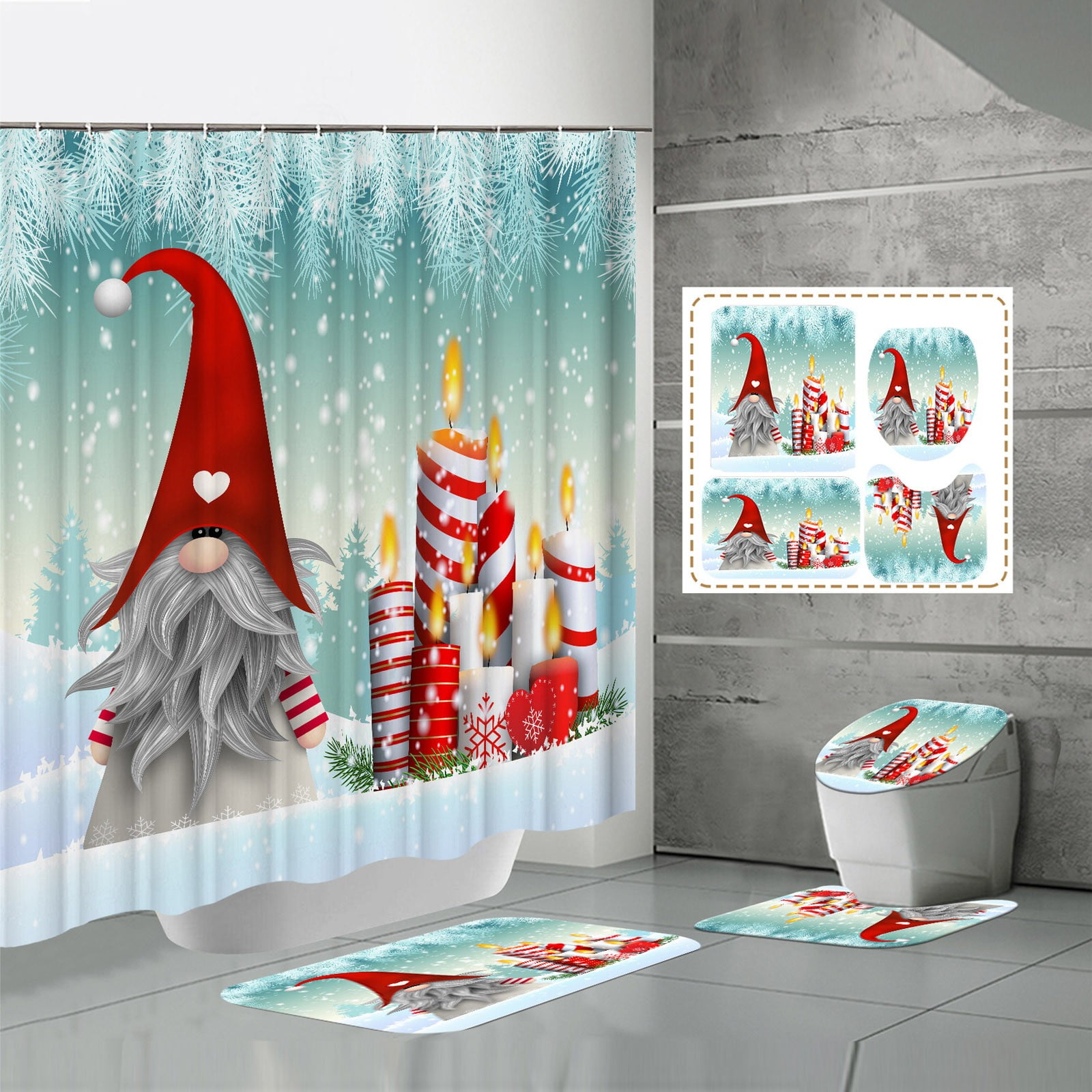 GARENAS Bathroom Shower Curtain Toilet Lid U Shaped Mat Floor Mat Four