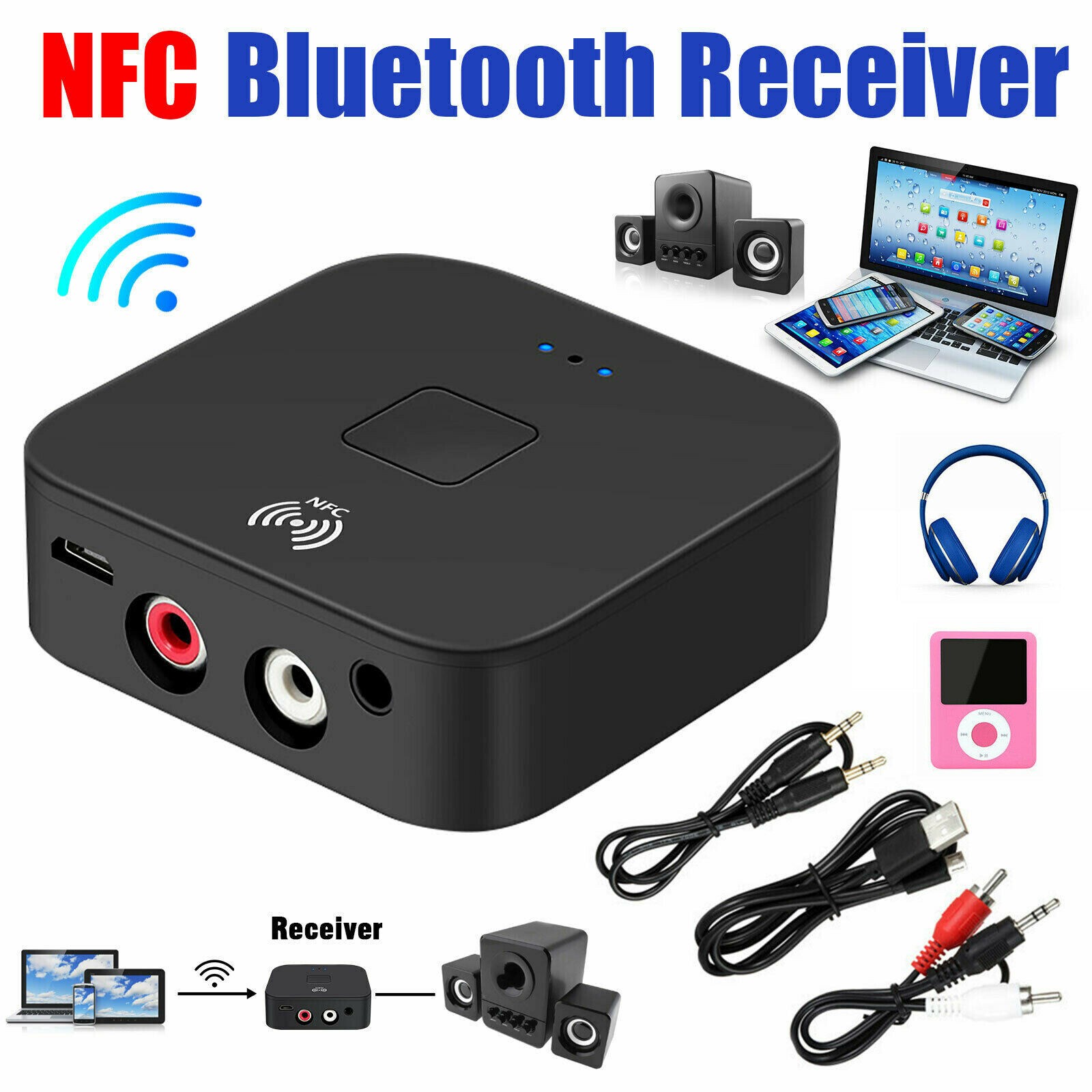 GARENAS Bluetooth 5.0 Receiver Wireless 3.5mm Jack AUX NFC to 2 RCA