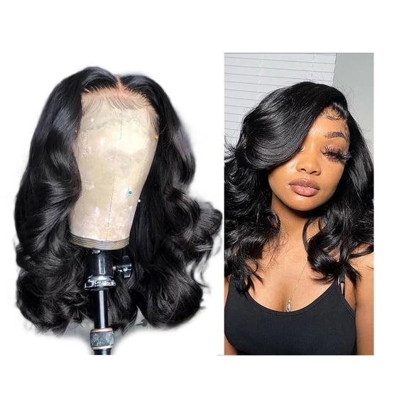 GARENAS Bob Wig Human Hair Middle Part Black Wavy Wig,Long Wavy Middle Part Wig for Women Synthetic Curly Wavy Wigs Natural Wavy Heat Wig for Daily Party Use