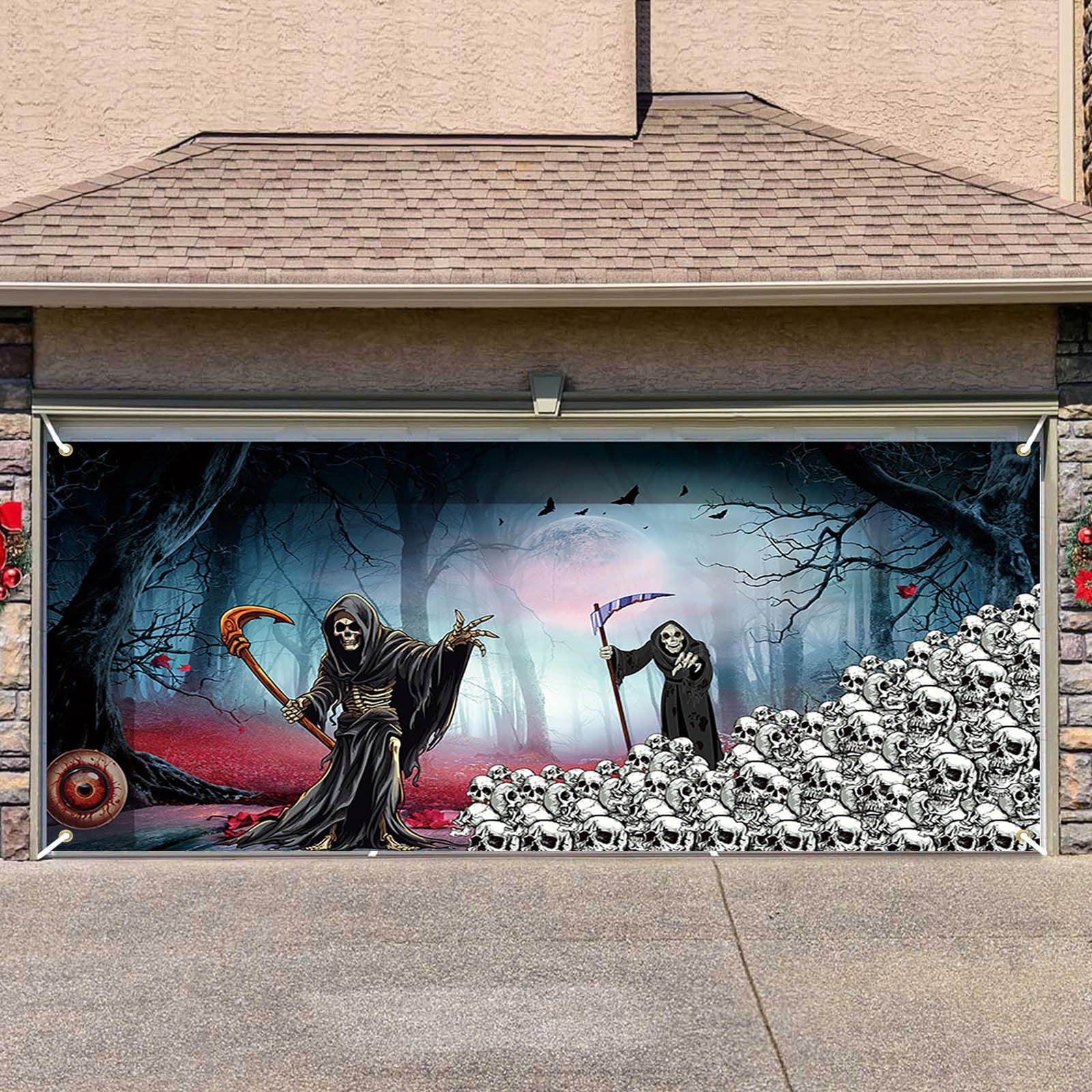 GARENAS Halloween Decoration Garage Themed Banner with Haunting