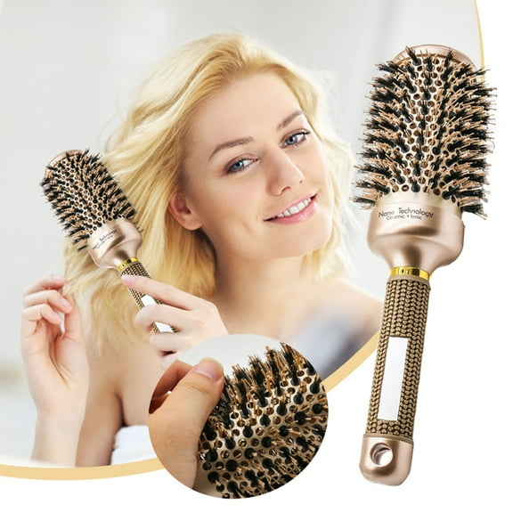 GARENAS Large 2 inch Barrel Round Hair Brush with Boar for Hair Drying Styling Curling and Shine Gold Brush for Women Hair(Gold)