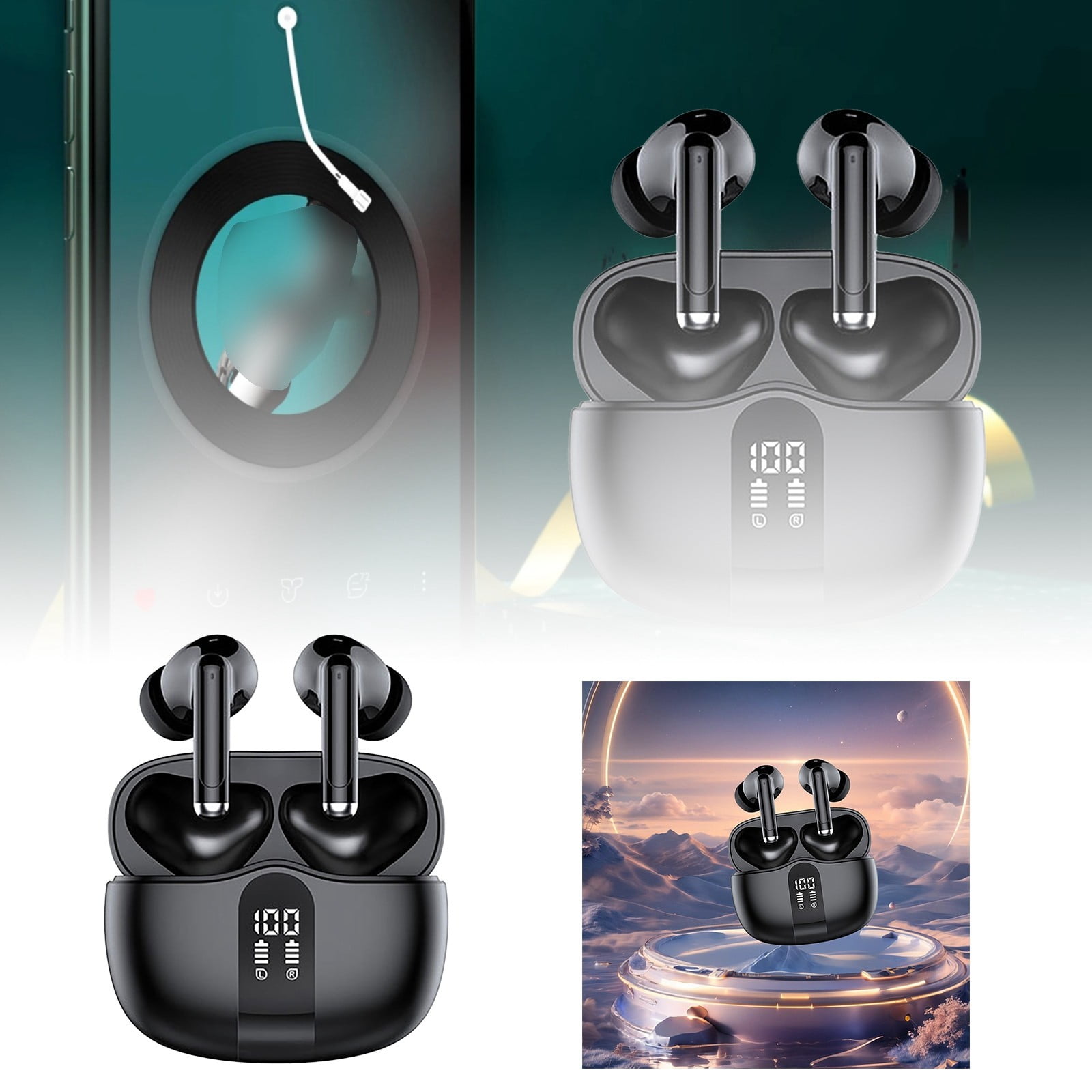 GARENAS Long Battery Life Earbuds with Digital Display and Type C Charging