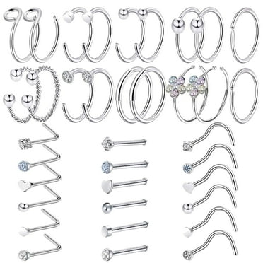 GARENAS Nose Rings for Women 36 Pieces of 20G C Shaped L Shaped Zircon Nose Ring Suitable for Women and Men Nose Ring with Nose Stud Piercing Jewelry Set(Silver)