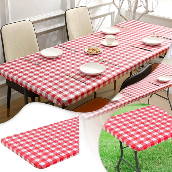 GARENAS Table Cloth Square Table 77x35in Elastic Band Outdoor Flannel Rubber Band Cover Plaid Print Stretch Table Cover Suitable for Outdoor Camping Banquet and Party