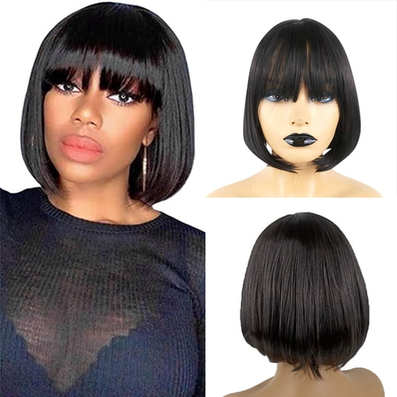 GARENAS U Part Bob Human Hair Wig Straight Black Hair Medium Length Hairpiece for Women 13.7 inch for Daily Party Replacement(Black)