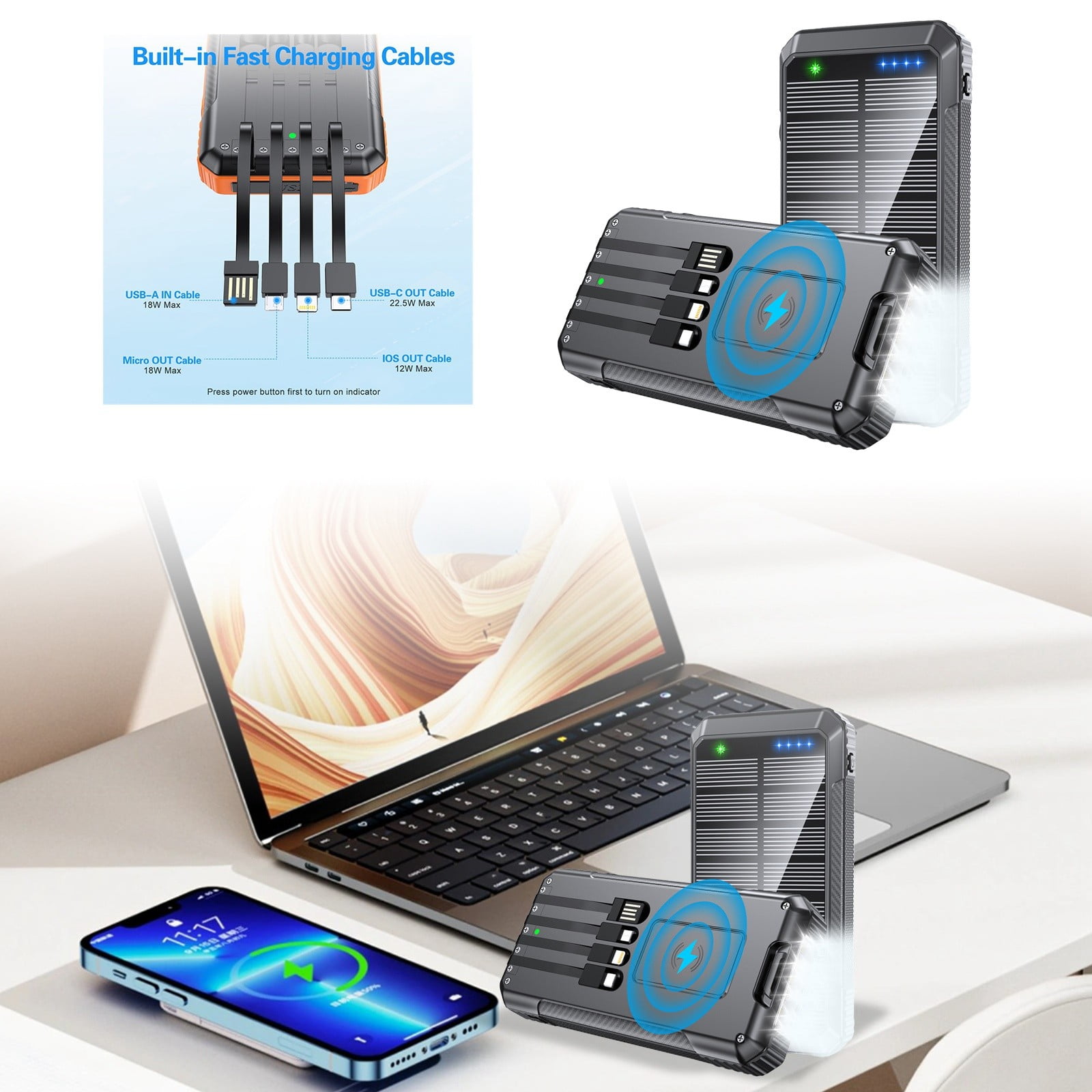GARENAS Wireless Solar Power Bank with Built in 30000mAh High