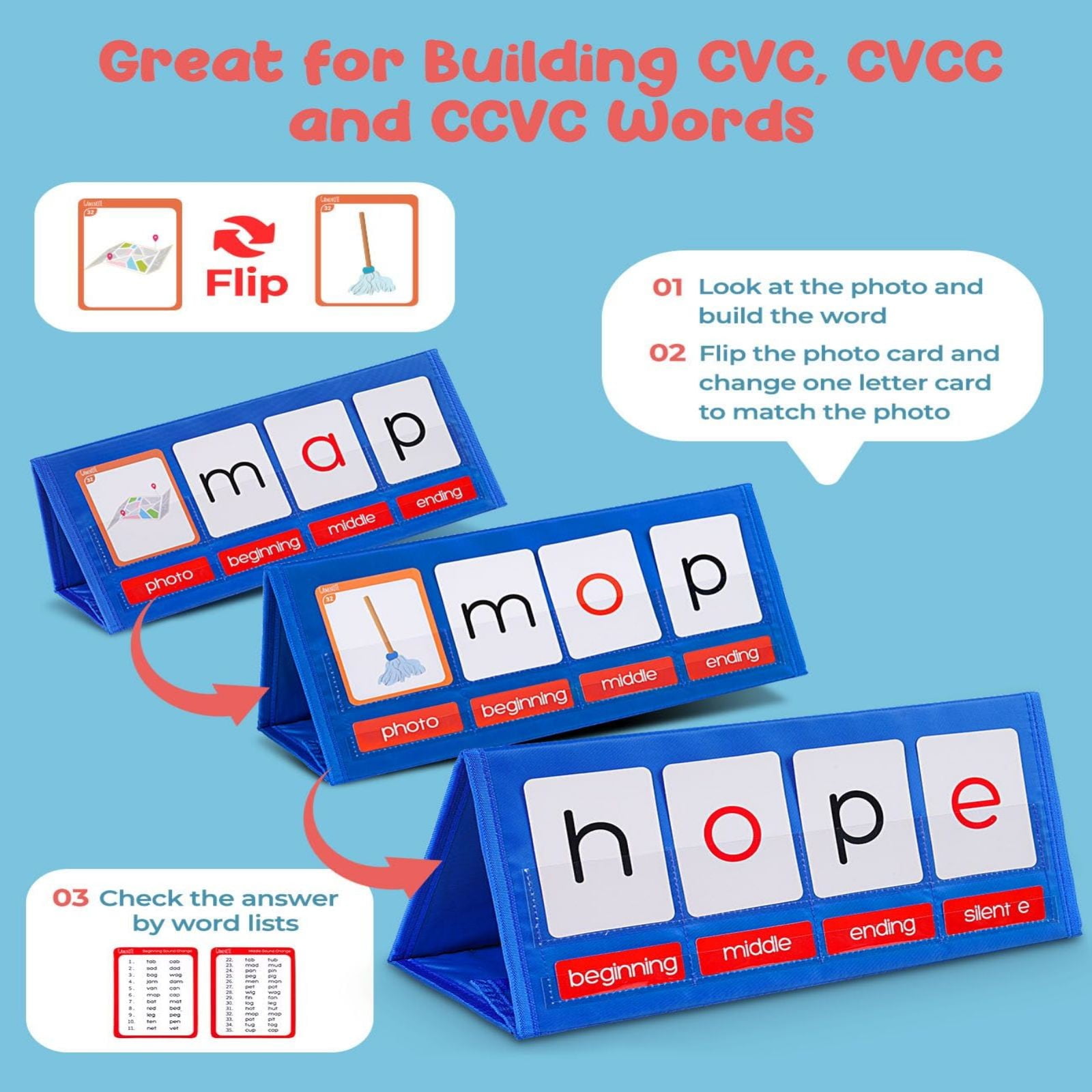 GARENAS Word Building Table Pocket Chart Tent Flash Card Kit Word