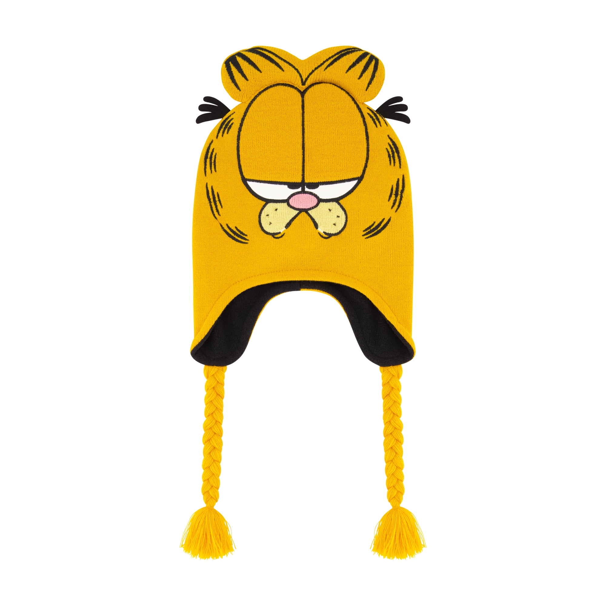Garfield Beanie Hat, Peruvian Winter Knit Cap with 3D Cat Ears and Tassels, Orange, One Size