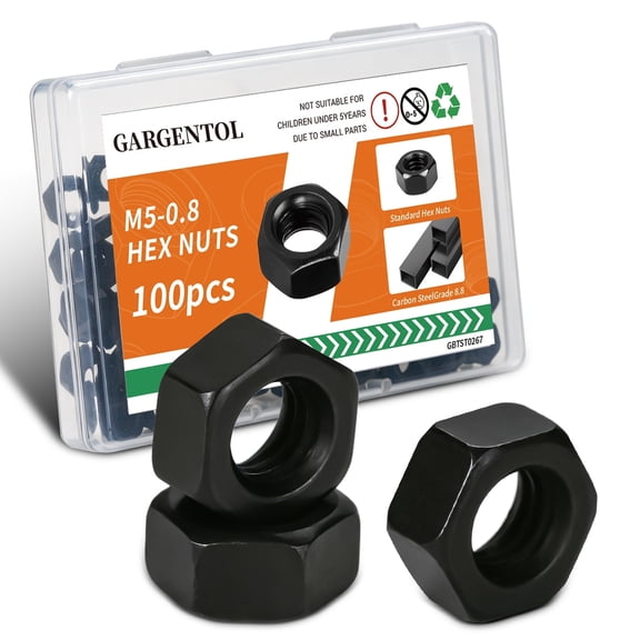 GARGENTOL 100 PCS M5-0.8 Hex Nuts, Metric Hardware Nuts, Carbon Steel Grade 8.8 Right-Hand Hex Drive Fasteners, Durable Hexagonal M5 Nuts for Replacement, Repair, and General Use
