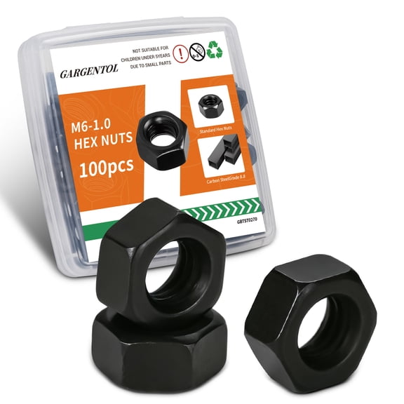 GARGENTOL 100 PCS M6-1.0 Hex Nuts, Metric Hardware Nuts, Carbon Steel Grade 8.8 Right-Hand Hex Drive Fasteners, Durable Hexagonal M6 Nuts for Replacement, Repair, and General Use