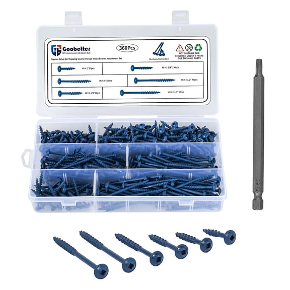GARGENTOL 360PCS Pocket Hole Screws Assortment Kit,#8 x 1, 1-1/4", 1-1/2", 2", 2-1/2" Coarse Thread Square Drive Self Tapping Wood Screws,Blue Coated,150MM Drive Bit Included