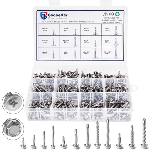 GARGENTOL 440PCS Stainless Steel Self Tapping Screws for Metal & Sheet Metal - #8 Self Drilling Screw Assortment Kit, Hex/Phillips Head (1/2’’ to 1-1/2’') | Corrosion Resistant